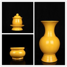批发佛堂用品陶瓷纯黄色无字陶瓷供佛套装 熏香炉花瓶供水杯
