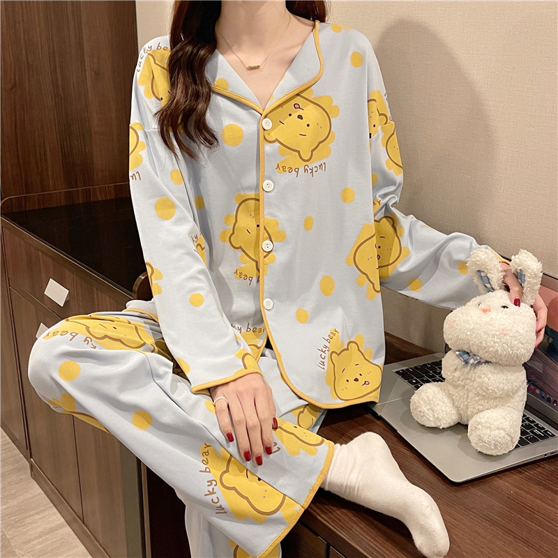 Spring and Autumn Thin Long-Sleeved Pajamas for Women 2024 New Cute Cardigan Homewear Loose Two-Piece Suit for Women