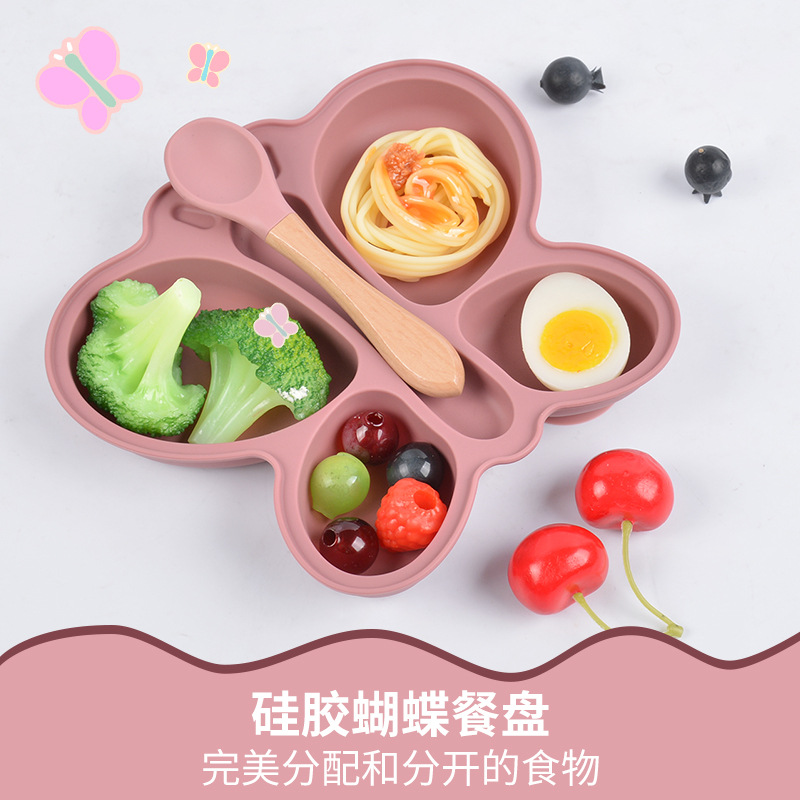 Children‘s Cartoon Butterfly Compartment Silicone Plate 2-Piece Food Supplement Plate Edible Silicon Silicone Plate