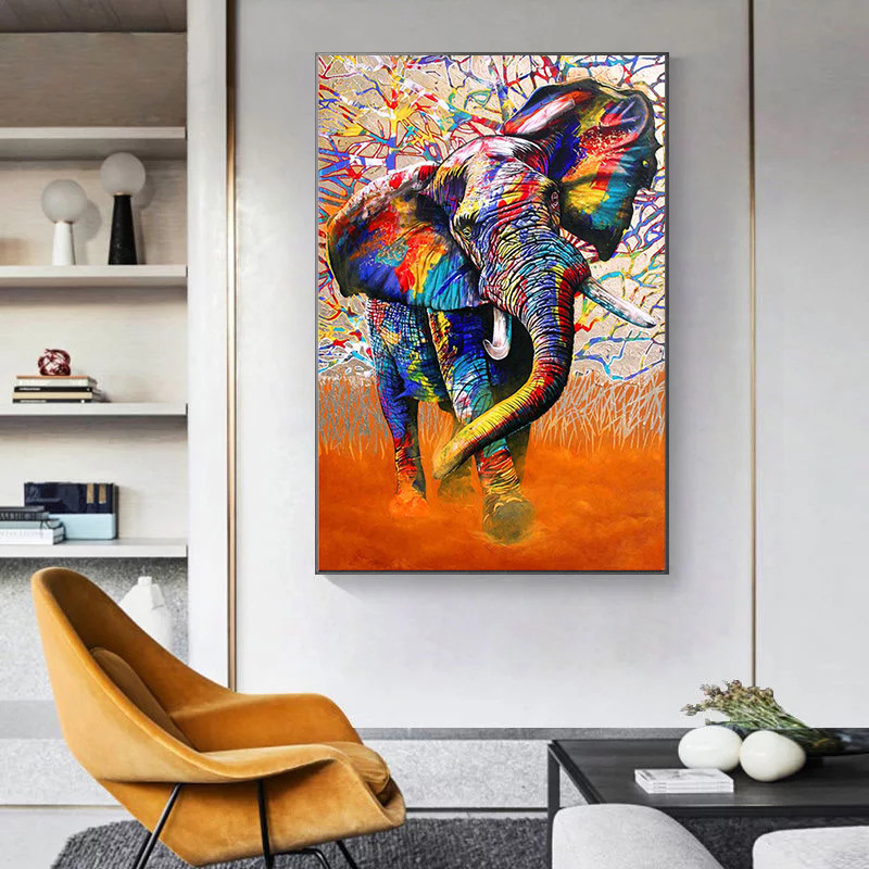 外贸彩色绘画大象壁画客厅卧室壁挂画画帆布画无框高清画芯
