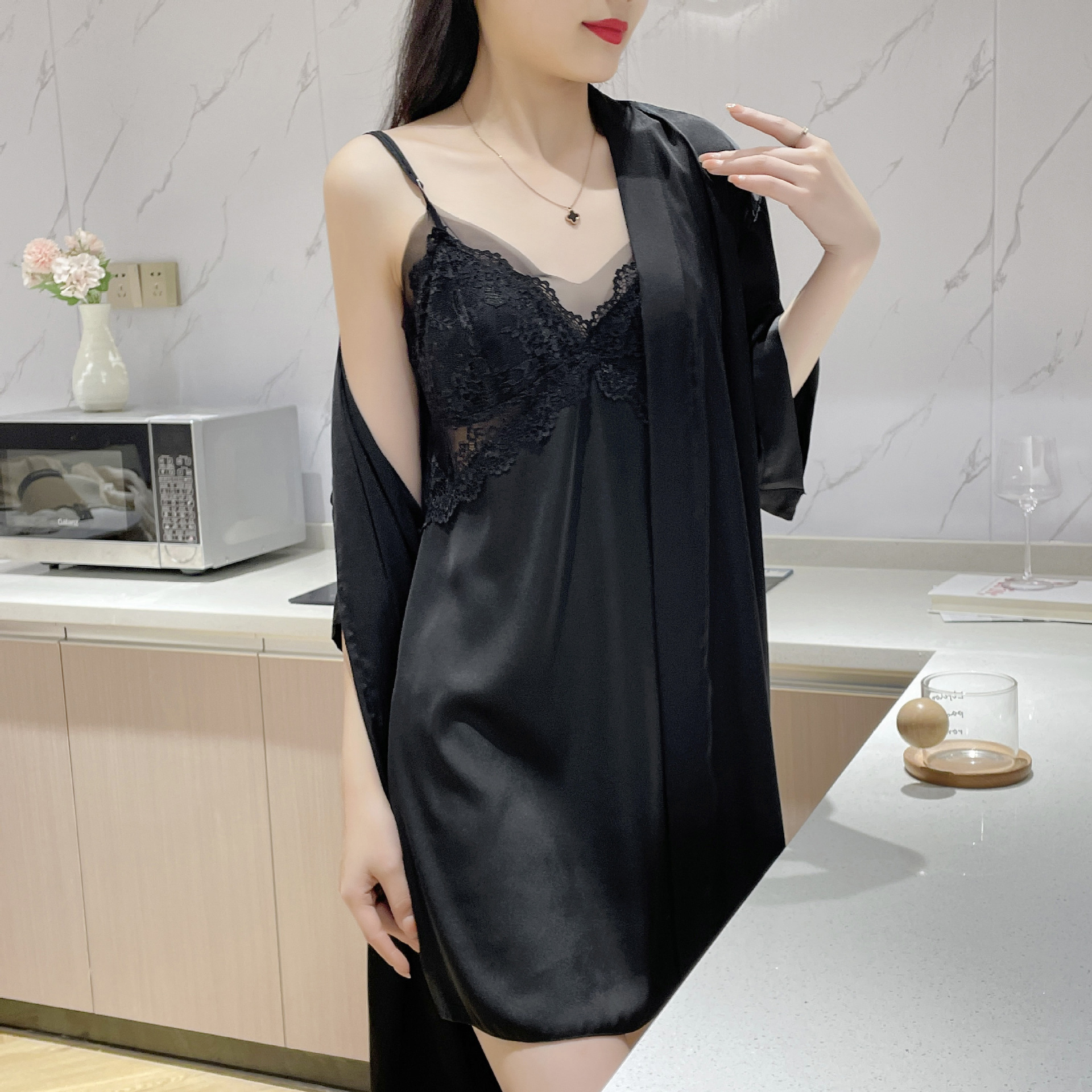 Sexy Pajamas Women's Pure Desire Style 2023 Spring and Summer New Mesh Lace Ribbon Chest Pad Slip Nightdress Nightgown Suit