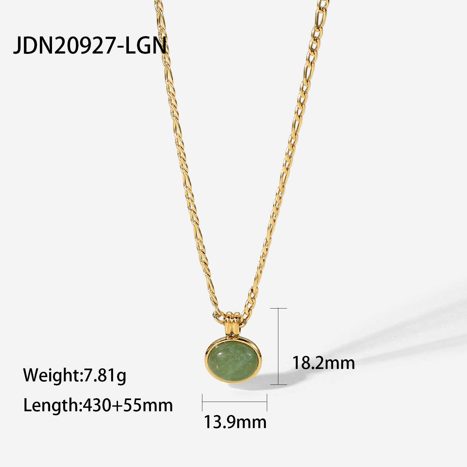 14K Green Aventurine round Pendant Figaro Chain Stainless Steel Necklace Vintage Gold Plated Clavicle Chain for Women