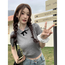 韩版娃娃领短袖针织T恤女夏季2024新款减龄百搭短款修身显瘦上衣