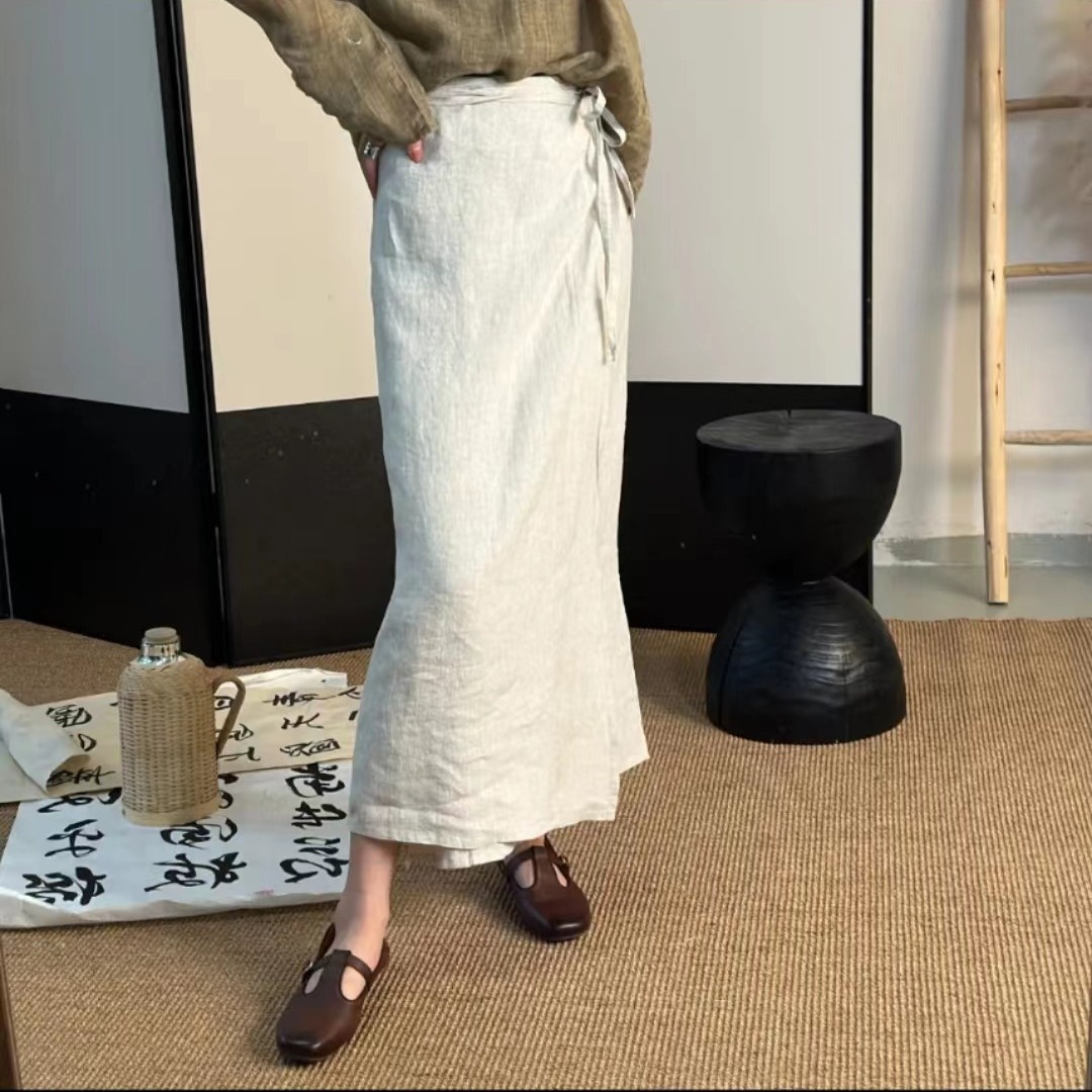 春季新款复古文艺风高腰系绳简约风亚麻一片式半身裙裹裙-阿里巴巴