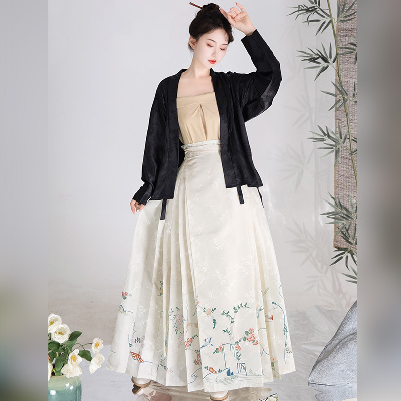 Original Women's Han Chinese Clothing Ming New Chinese Style Horse-Face Skirt Suit Daily Commuting Improved Dark Jacquard Aircraft Sleeve Retro