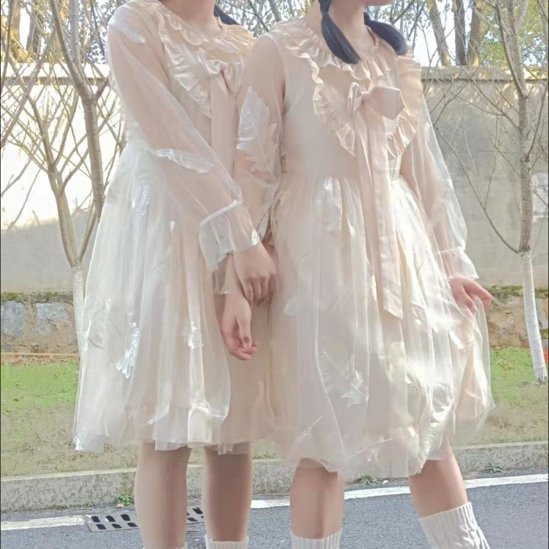 洛丽塔仙女裙子夏季日系软妹网纱蝴蝶结木耳花边羽毛连衣裙公主裙