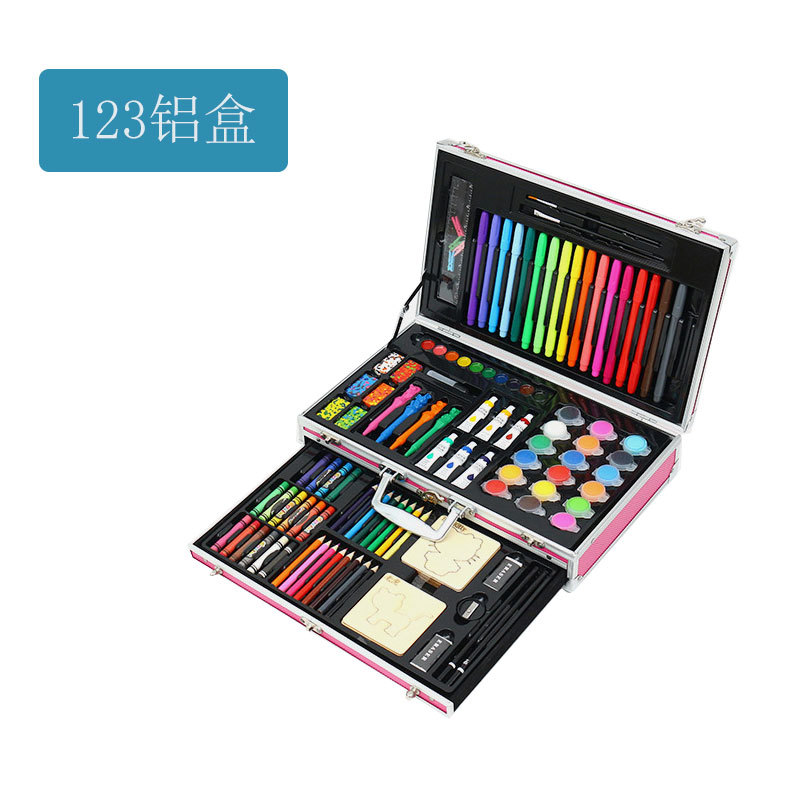 factory wholesale children‘s painting stationery gift set 123 pieces three-layer aluminum box watercolor pen oil painting stick paint