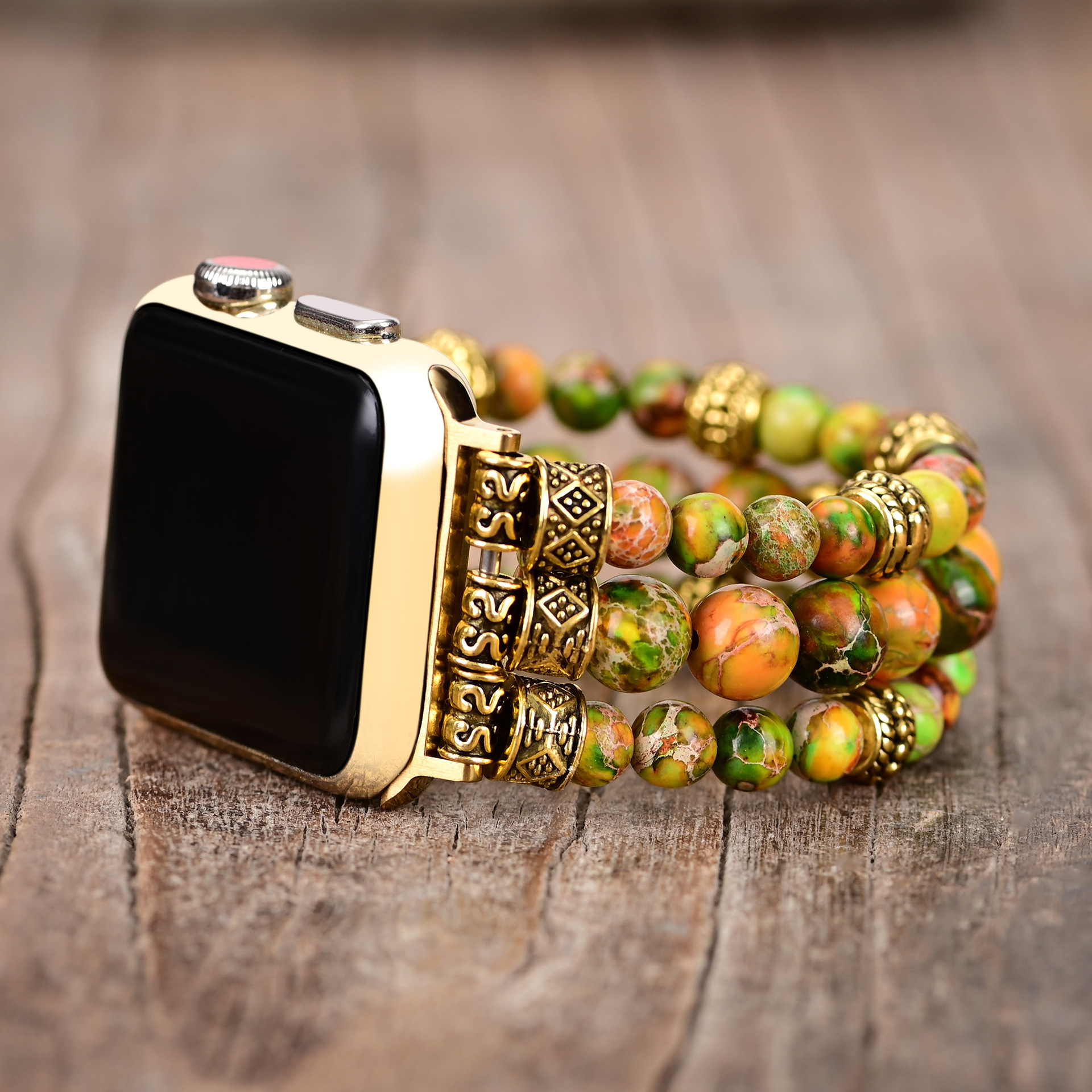 跨境电商供货 橙绿色帝皇石弹力绳串珠苹果手表带 波西米亚风表带