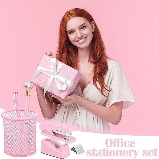 Cross-Border Direct Supply Multifunctional Pink Desktop Storage Rack Stapler Tape Base Scissors Nail Puller Stationery Set