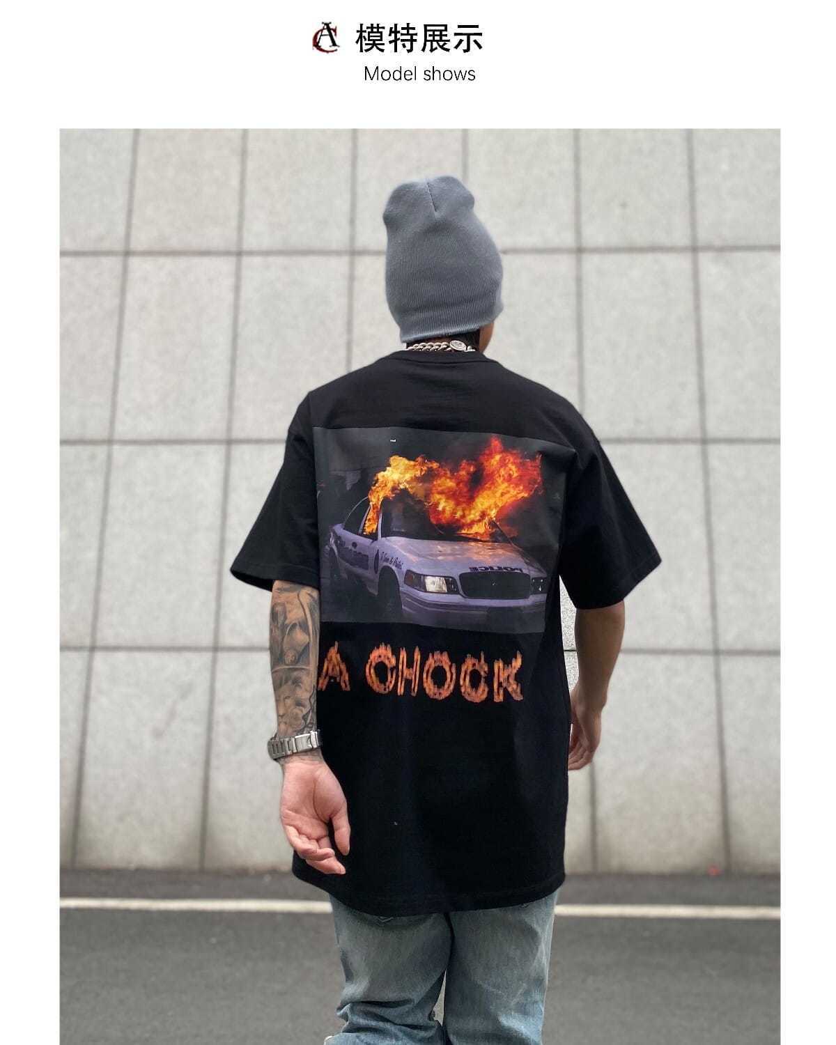 a chock国潮原创经典火焰汽车爆炸印花t恤潮牌圆领