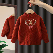 女童毛衣秋冬加绒加厚女孩新款洋气针织套头儿童刺绣红色宝宝冬装