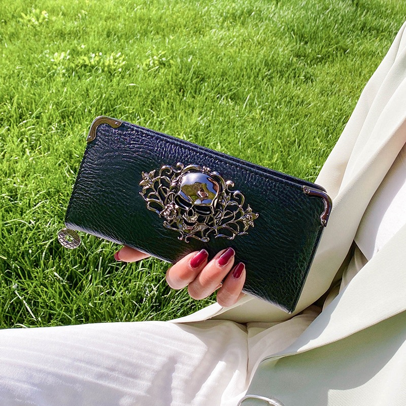 跨境新款2024骷髅头钱包女士长款拉链手拿包韩版时尚pu皮长款钱夹