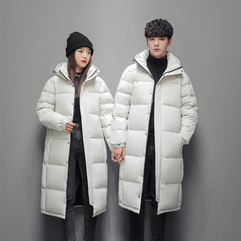 Manufacturer Direct Wholesale Men's down Jacket Men's Long Type Couple Wear Thickened Warm Hooded Men and Women Same Style White Duck down Coat