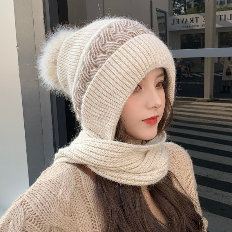 Korean Style Scarf Integrated Hoodie Neck Warmer Women's Korean-Style Winter Warm Wool Hat Cycling Earflaps plus Fluff Knitted Hat