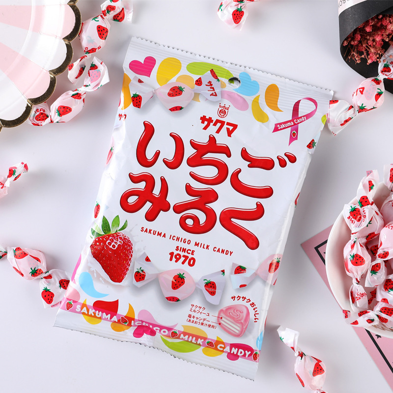 日本本土sakuma佐久间草莓牛奶味夹心糖果100g硬糖袋装婚礼喜糖