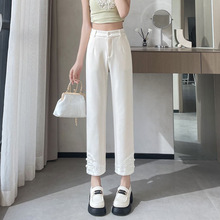 米白色冰丝西装裤女夏季薄款小个子新中式国风盘扣九分直筒烟管裤