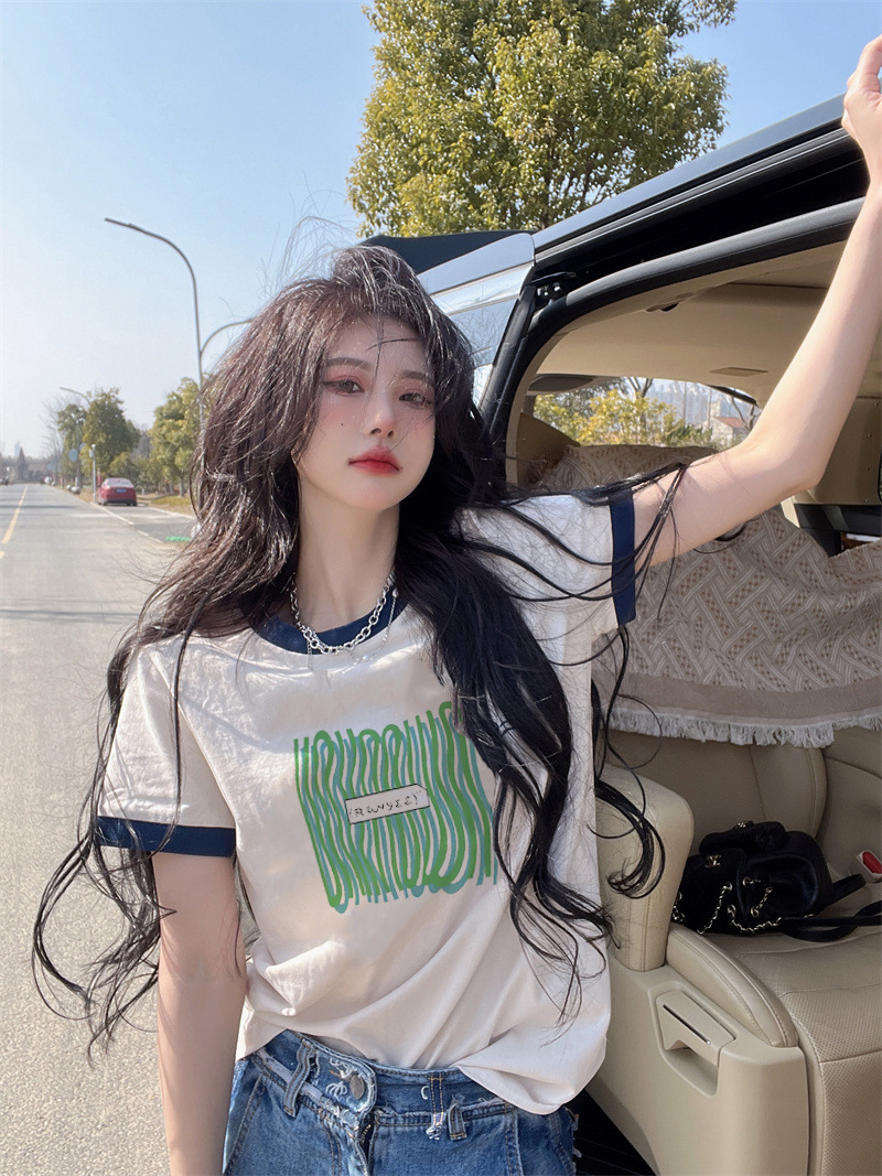 White Short-Sleeved T-shirt Women's Summer 2024 New Pure Cotton Loose Color Contrast Patchwork Cartoon Shoulder Half Sleeve T-shirt