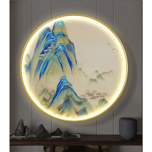 新中式千里江山图入户玄关装饰画发光画客厅背景墙挂画圆形带灯画