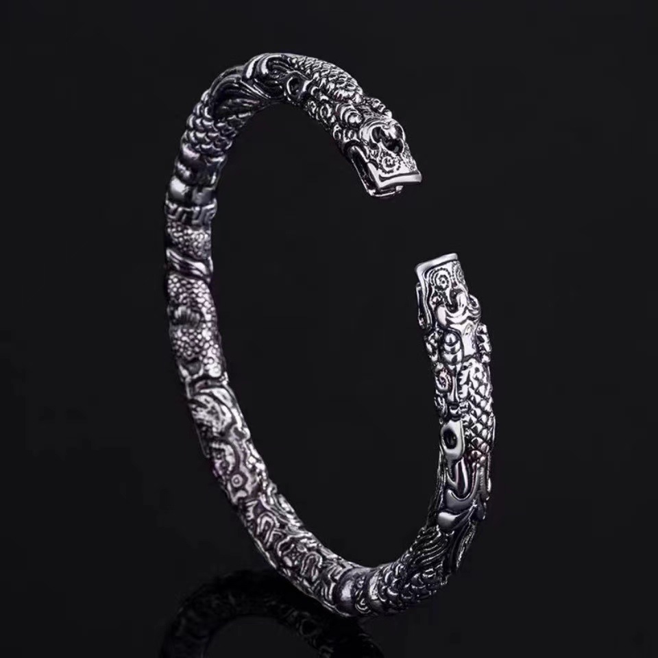 The Mystic Nine Same Style Two Rattle Double Chinese Dragon Heads Bracelet Men and Women Domineering Retro Distressed Imitation Thai Silver Open Couple Bracelet