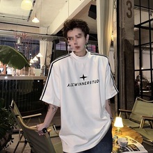 美式高街半高领短袖T恤男小众字母刺绣设计韩版高级感垫肩半袖t恤