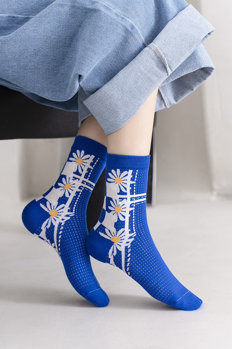 时尚街头克莱因蓝长袜子个性趣味潮袜春夏季蓝白网眼透气女中筒袜