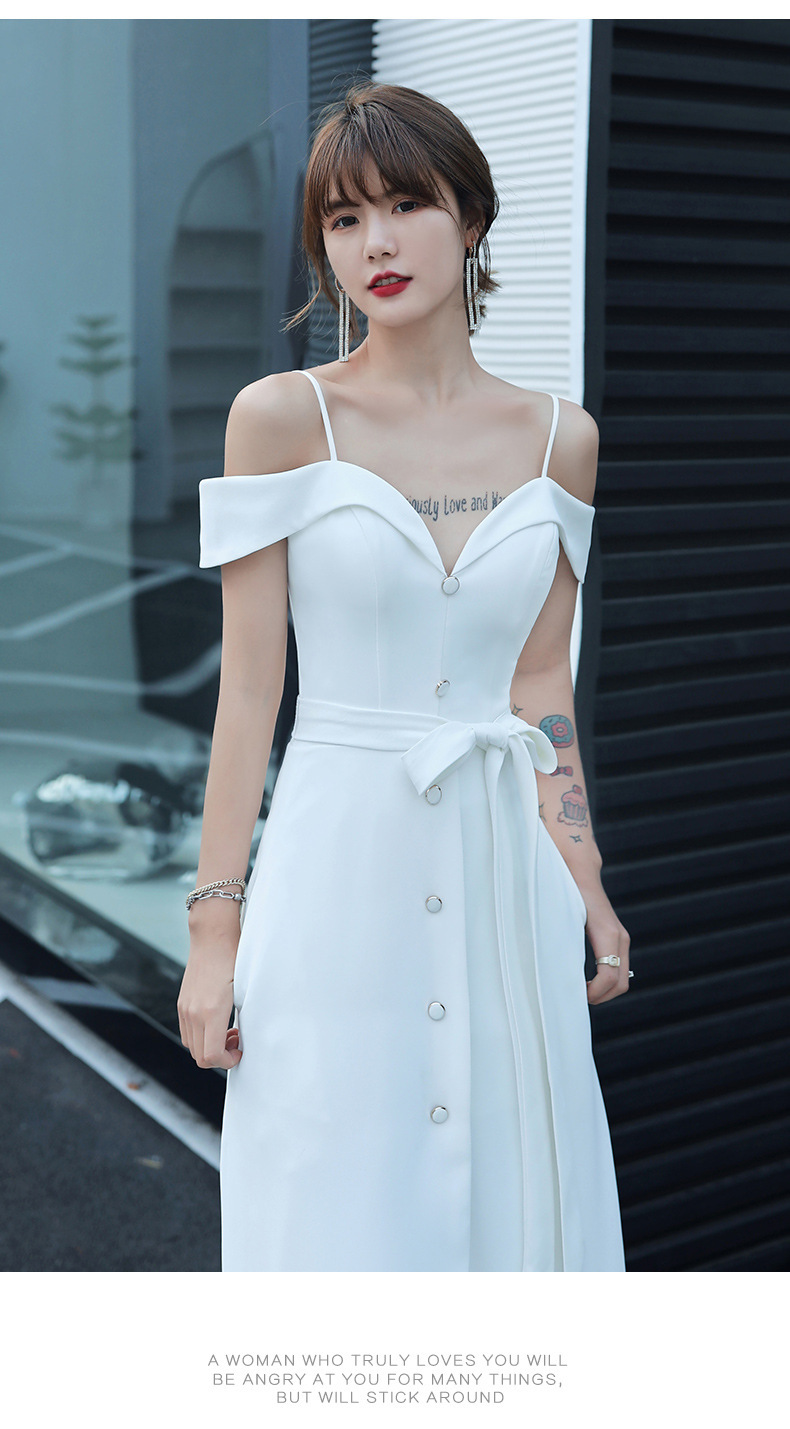 白色主持人一字肩模特走秀性感超仙伴娘团年会开叉18岁成年晚礼服