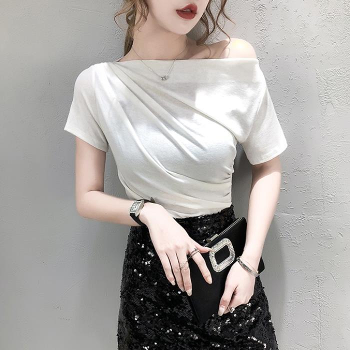 一字领性感半露肩简约短袖t恤女2020夏装新款修身显瘦打底衫上衣