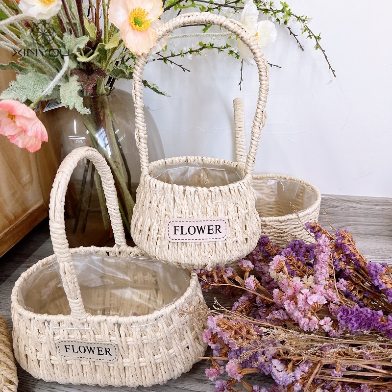 5h6s批发心悠环保纸绳手提花篮田园风手工纸编小篮子花艺编织防水