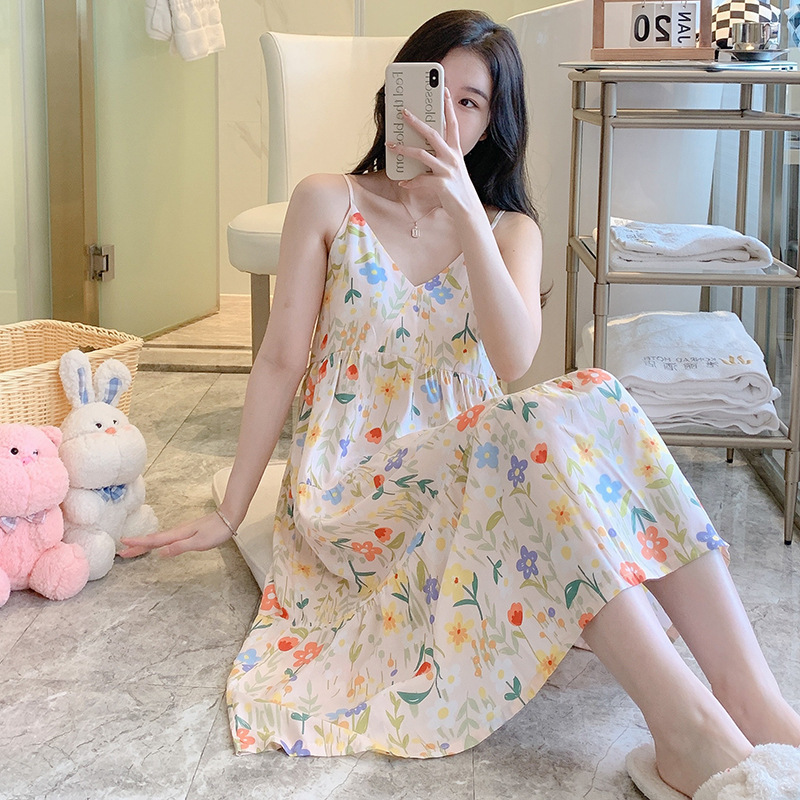2023 New Spring Summer Cotton Silk Nightdress Women's Sling Thin Student Pregnant Women Can Wear outside Summer Home Wear Suit