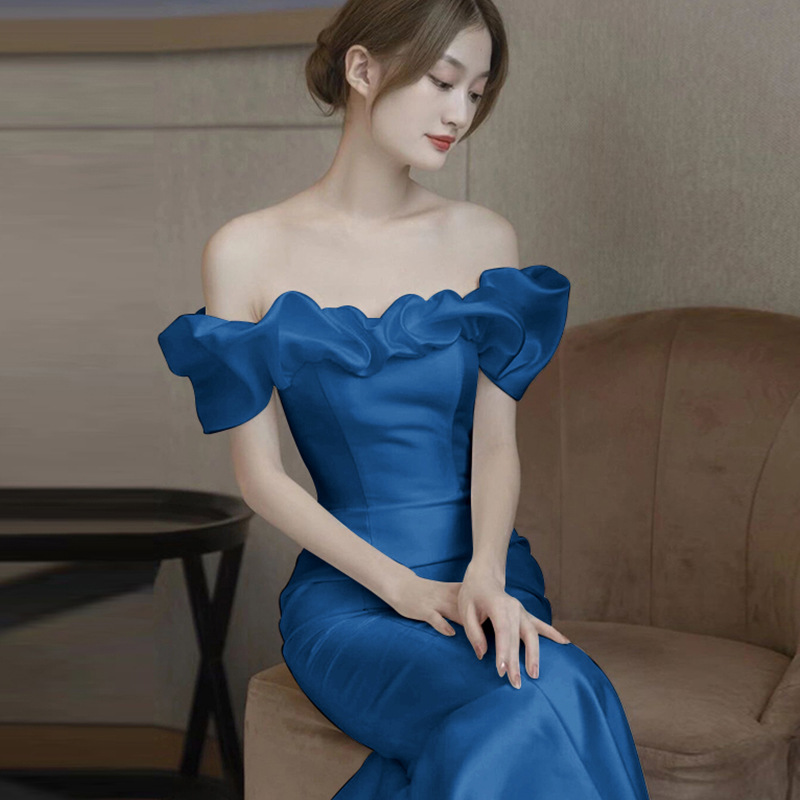 一字肩蓝色晚礼服轻奢小众主持人年会连衣裙鱼尾修身文艺考晚礼服