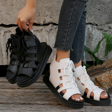 夏外贸大码女鞋 厚底松糕平底罗马凉鞋 纯色一字系带时尚sandals