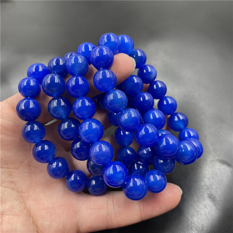 万玉批发 12毫米蓝色玉髓玛瑙圆珠手链 手串