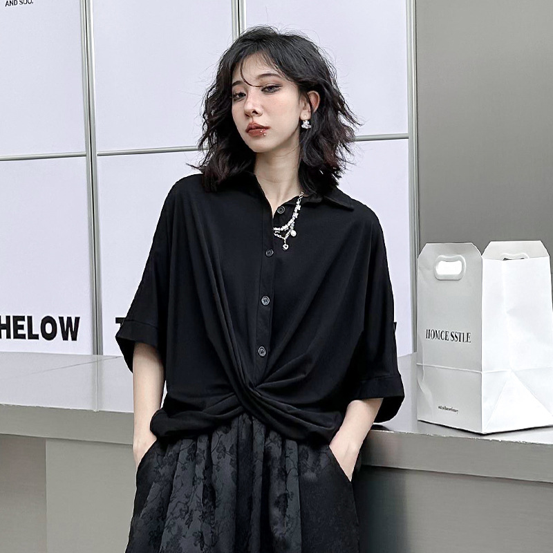 Hong Kong Style Dark Style Short-Sleeved T-shirt Women's Summer New Loose Special-Interest Design Western Style Cross Irregular Top