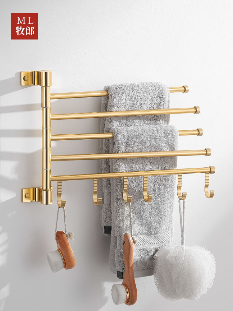金色毛巾架免打孔卫生间多杆旋转晾挂毛巾杆太空铝实心浴室置物架