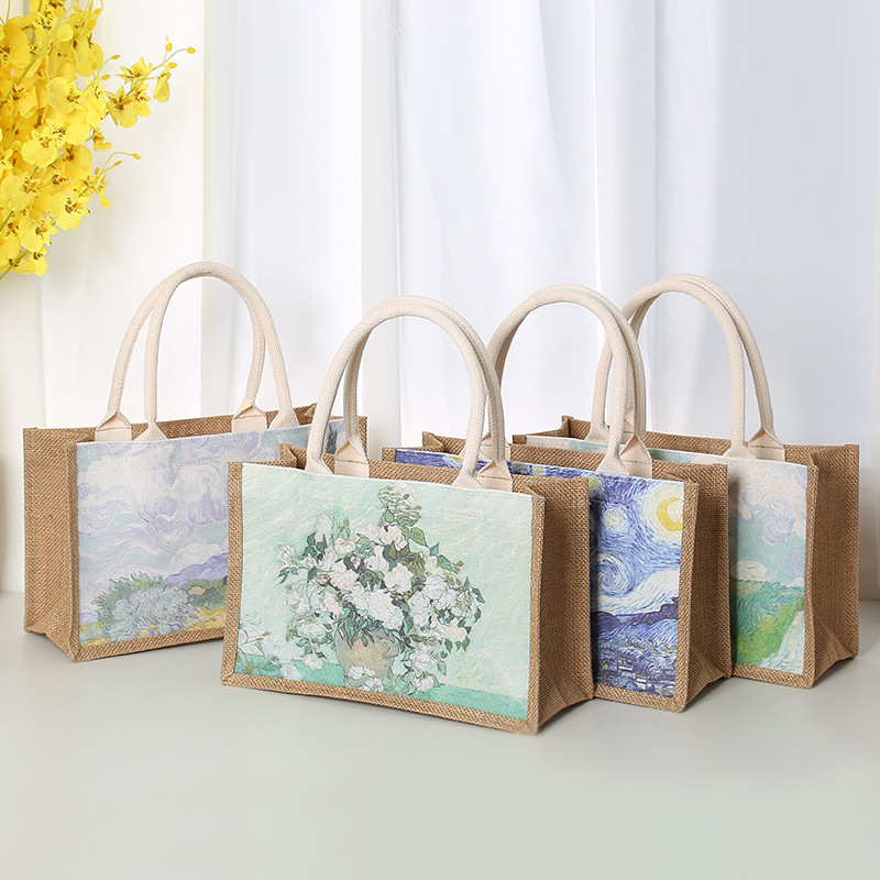 In Stock Wholesale Burlap Handbag Waterproof Printed Canvas Bag Gift Shopping Asian Cotton Linen Gunnysack