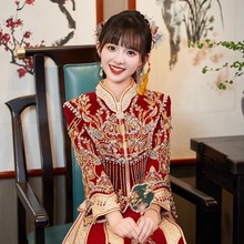 秀禾服新娘2024新款春结婚中式高端丝绒龙凤褂高级感凤冠霞帔婚服