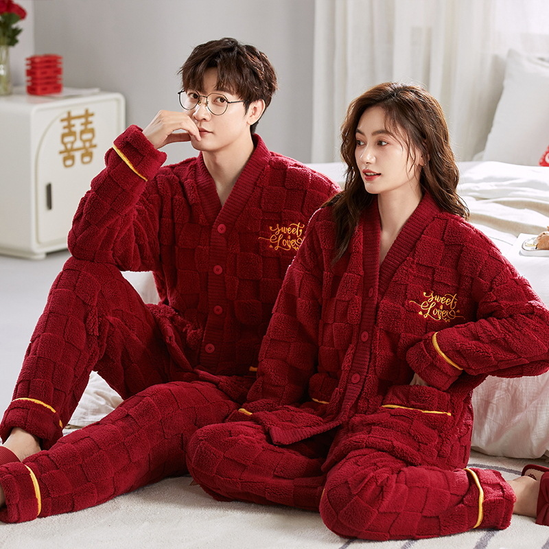 Couple Pajamas Coral Fleece Red Newly-Married Marriage Suit Autumn and Winter Fleece-lined Thickened Men's and Women's Home Wear Warm