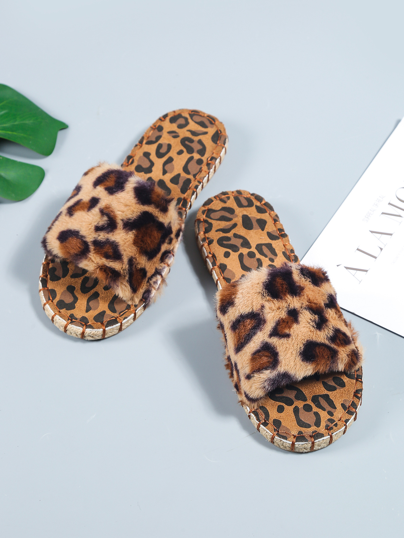 现货欧美新款麻绳编织豹纹毛毛拖鞋女外贸大码平底上线女士毛拖