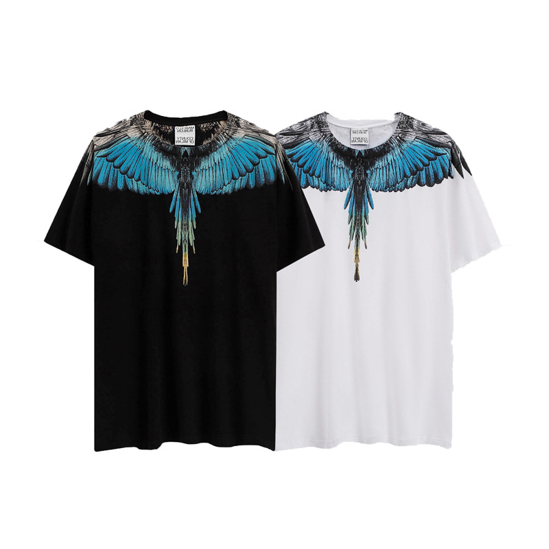 跨境货源外贸批发马塞洛mb潮牌羽毛短袖灰蓝翅膀印花男女t恤半袖t