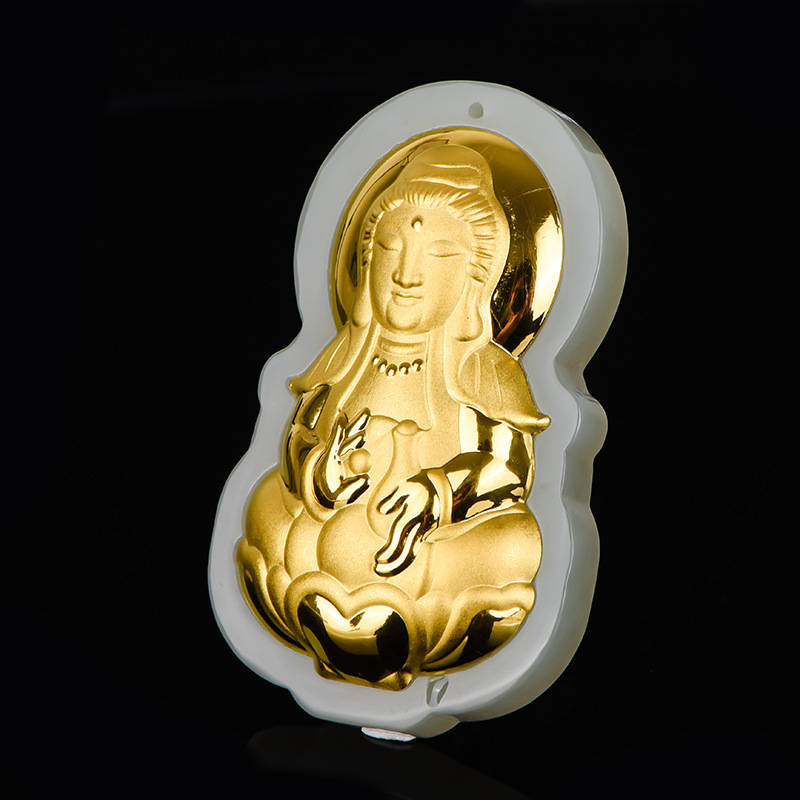 金镶玉观音佛吊坠批发 和田玉镶金观音佛吊坠男女款本命年观音佛