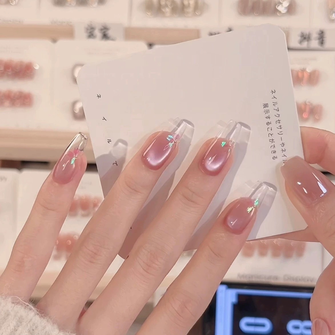 【樱花醉】纯手工穿戴甲猫眼显白气质光疗穿戴甲穿戴式指甲片批发