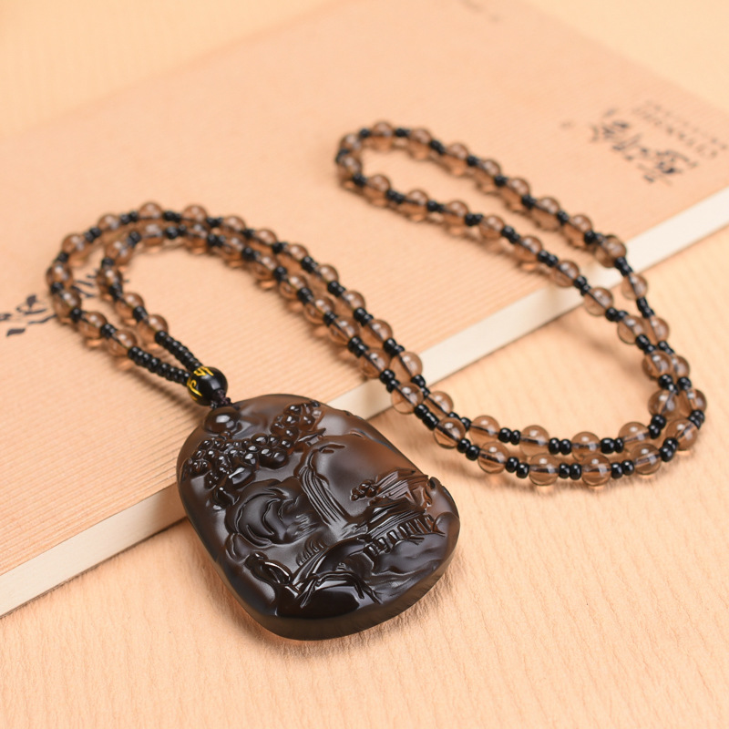 天然冰曜石吊坠霸气冰种黑曜石山水牌珠链吊