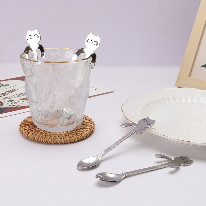 跨境不锈钢勺子可爱卡通猫咪搅拌勺创意手柄可悬挂咖啡勺雪糕勺