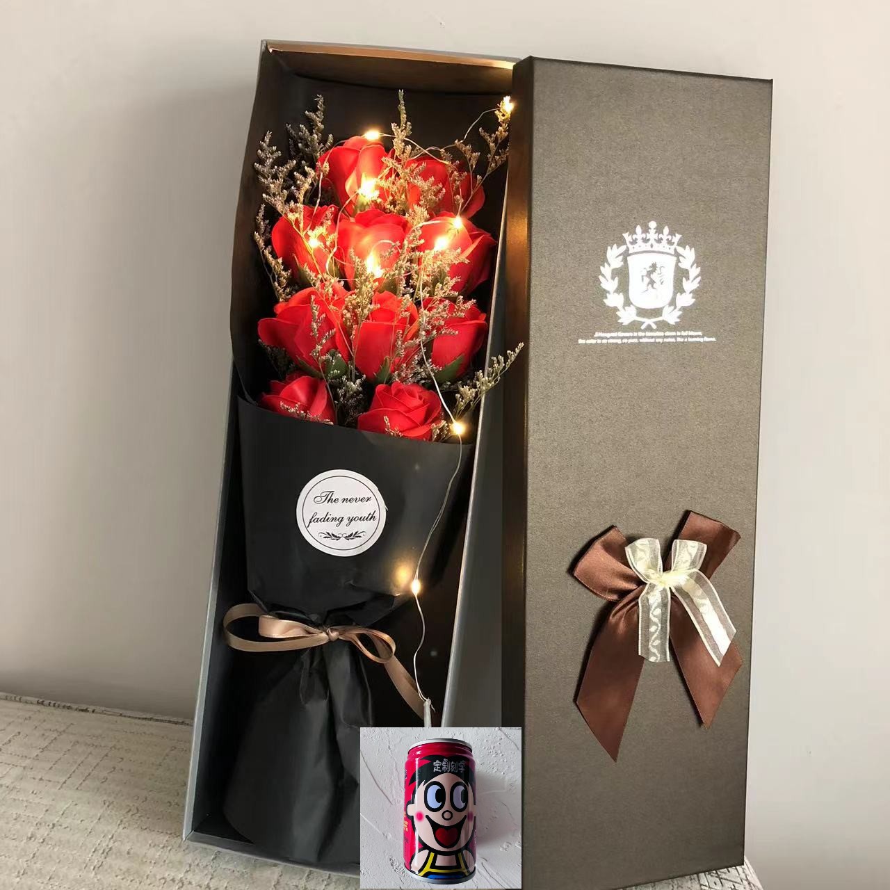 浪漫情人节玫瑰花束饮料可刻字礼盒圣诞节妇女节创意礼物香皂花束