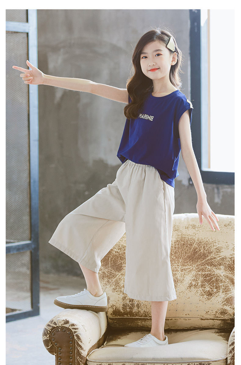 女童套装夏装短袖t恤中大童韩版13岁女孩衣服洋气阔腿裤两件套