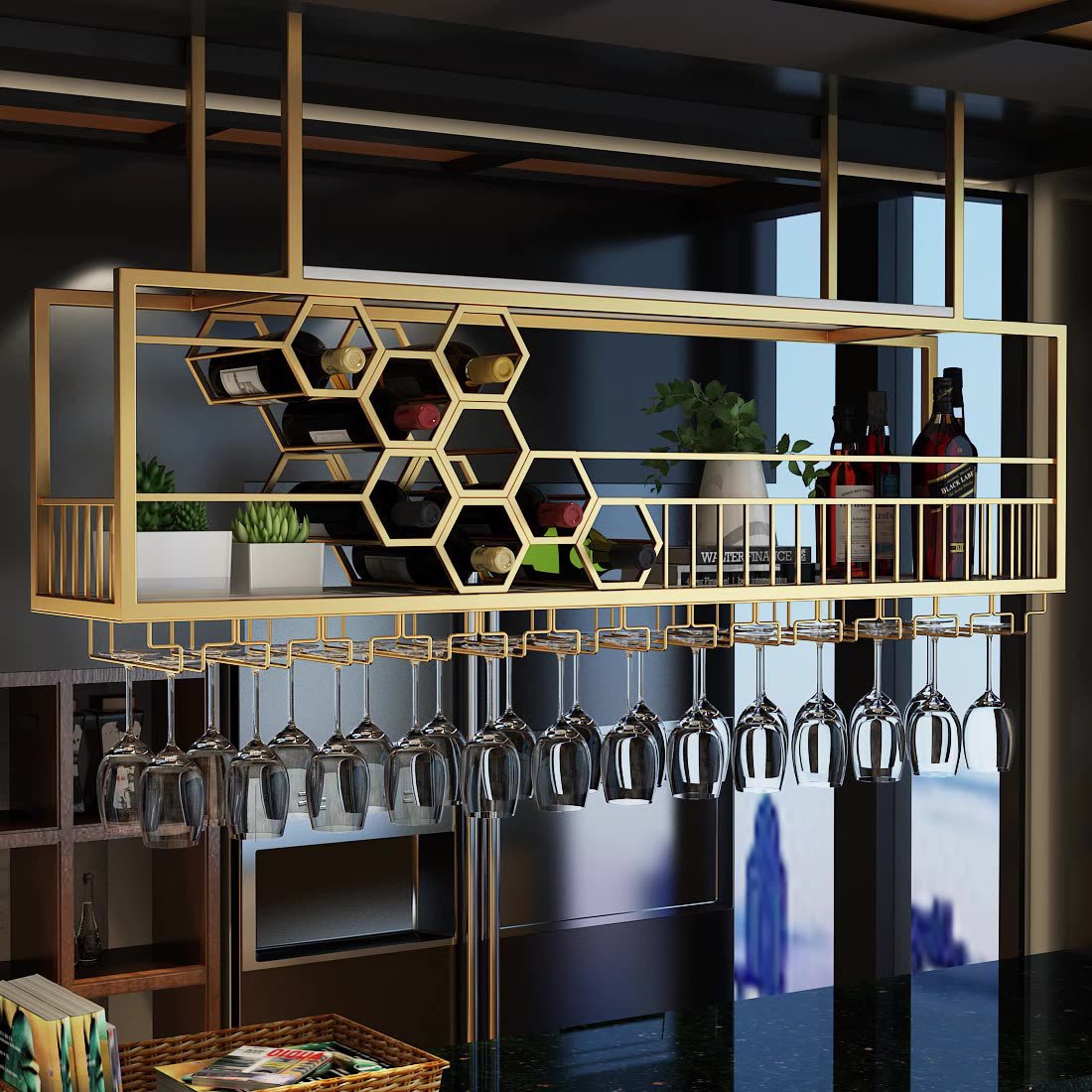 吧台吊柜酒吧酒架葡萄酒吊架餐厅高脚杯收纳架吊挂式红酒柜置物架