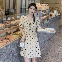 韩系绑带波点连衣裙小个子系带新款夏季短袖法式时尚气质宽松裙子