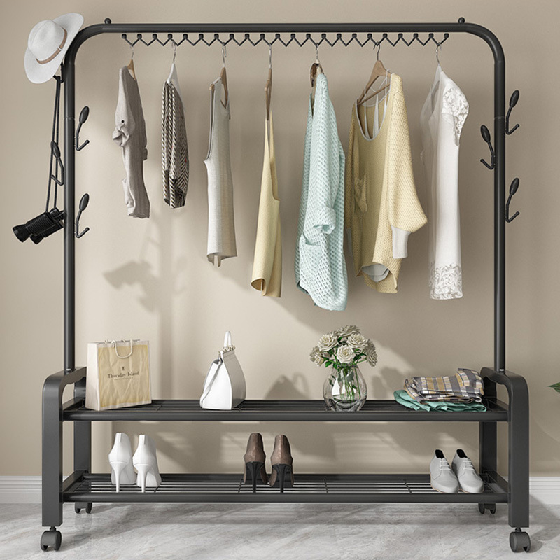 落地晾衣架卧室单杆铁艺衣帽架宿舍室内折叠晒衣架现代简约