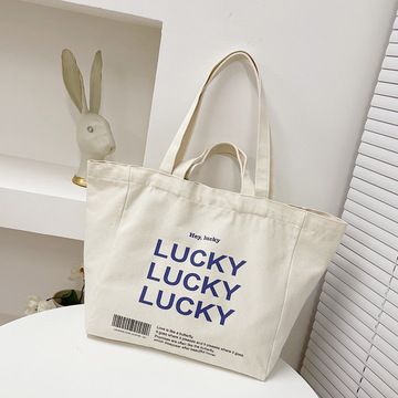 亚马逊手提帆布袋印logo休闲文艺大容量学生女时尚过胶加硬棉布包