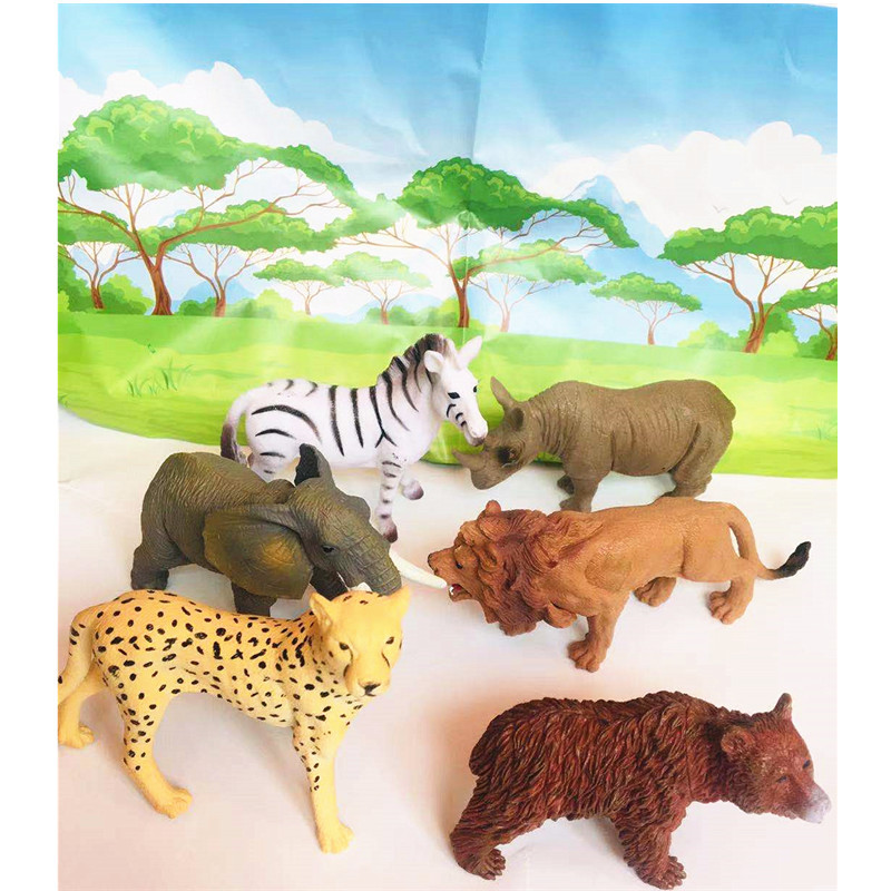 6只装欢乐动物世界小马豹子狮子犀牛大象小熊小动物塑料塑胶玩具
